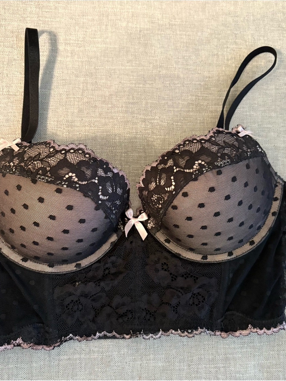 Victoria’s Secret Black Lace & Sheer Polka Dot Longline Bra with Pink Accent